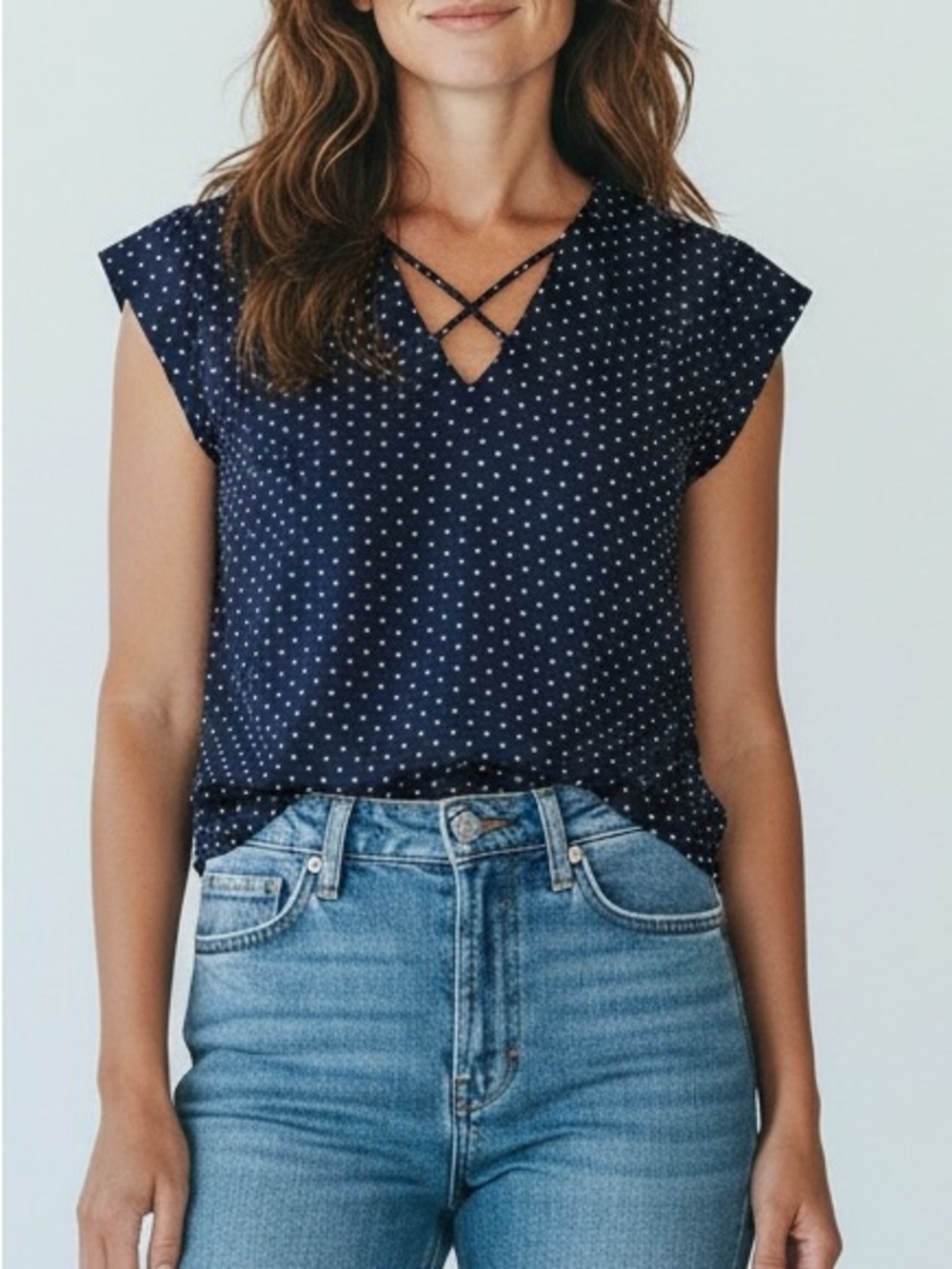 Lily White Navy Polka Dot Cap Sleeve Blouse